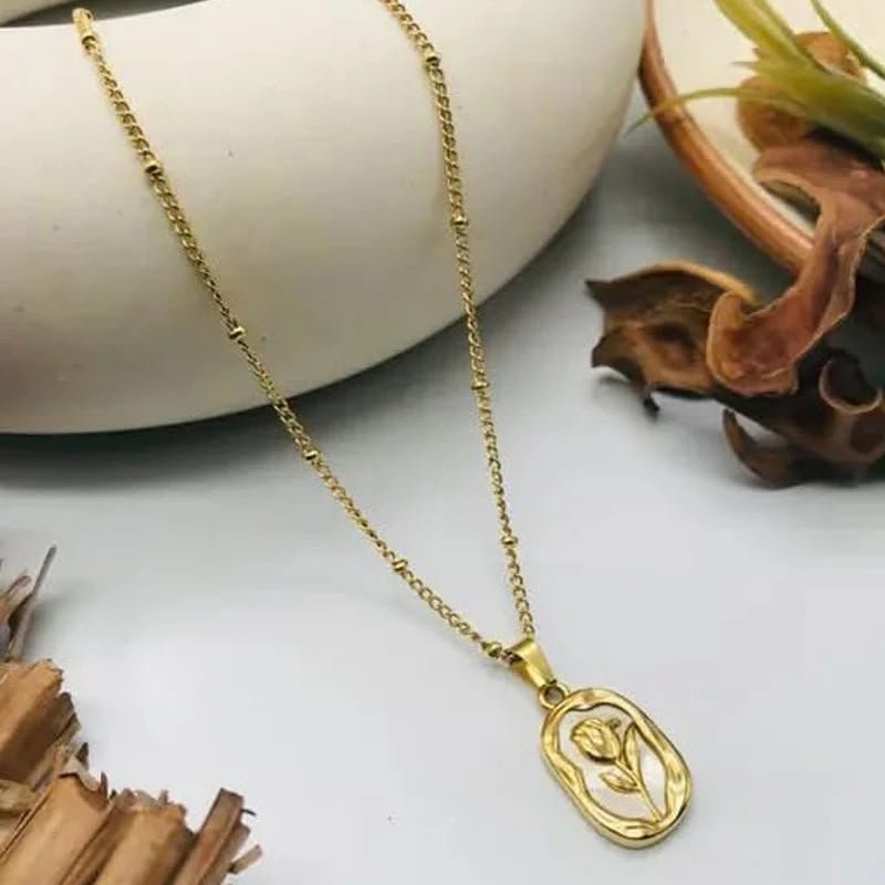 Golden Rose Oval Pendant Necklace