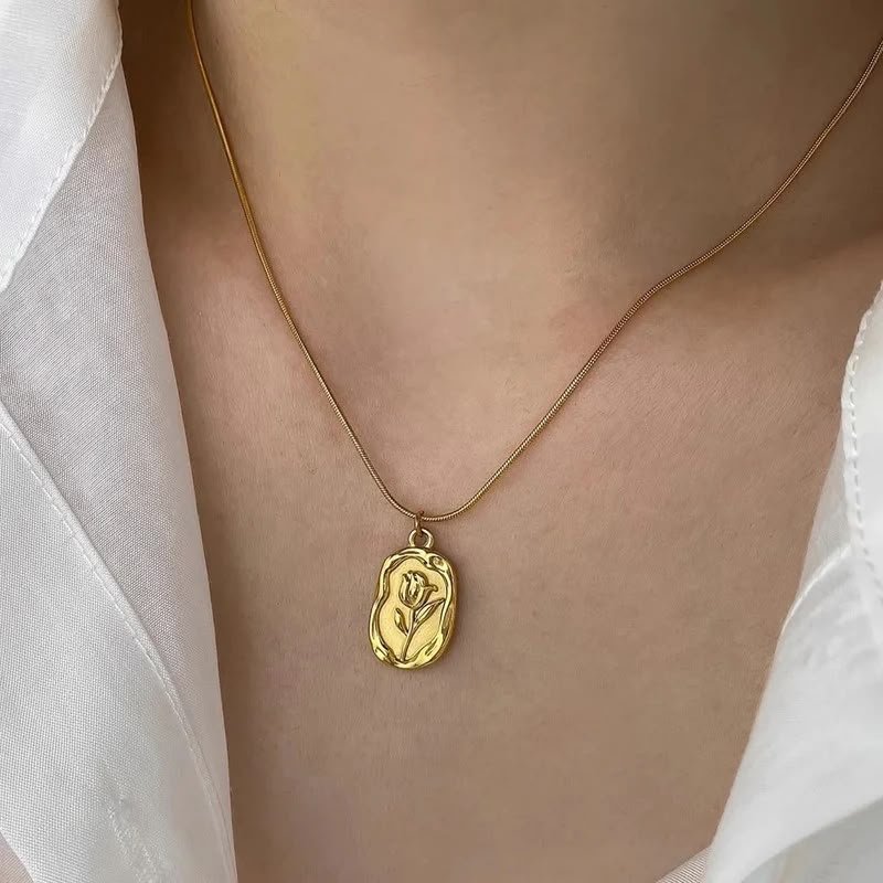 Golden White Rose Oval Pendant Necklace