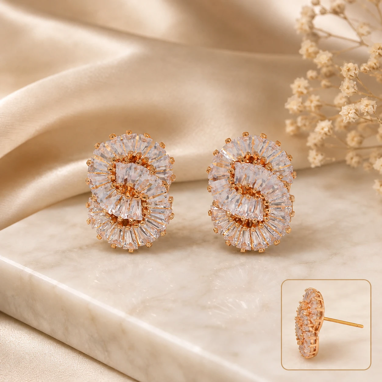 Rose Gold Baguette Double Halo Statement Stud Earrings