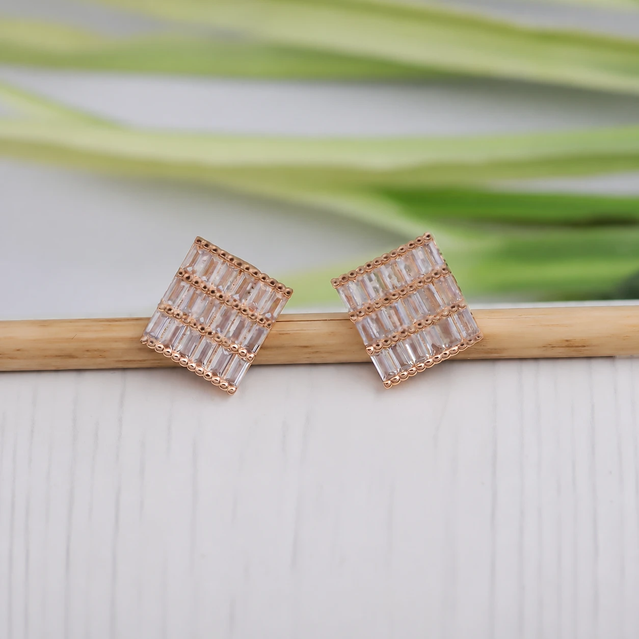 Rose Gold Baguette Square Cluster Stud Earrings