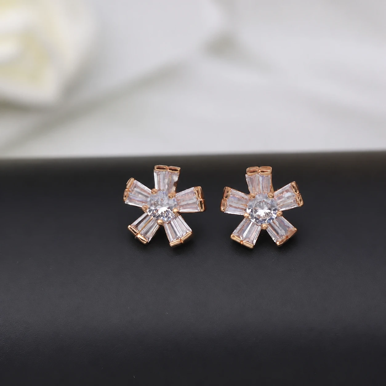 Rose Gold Baguette Starburst Stud Earrings