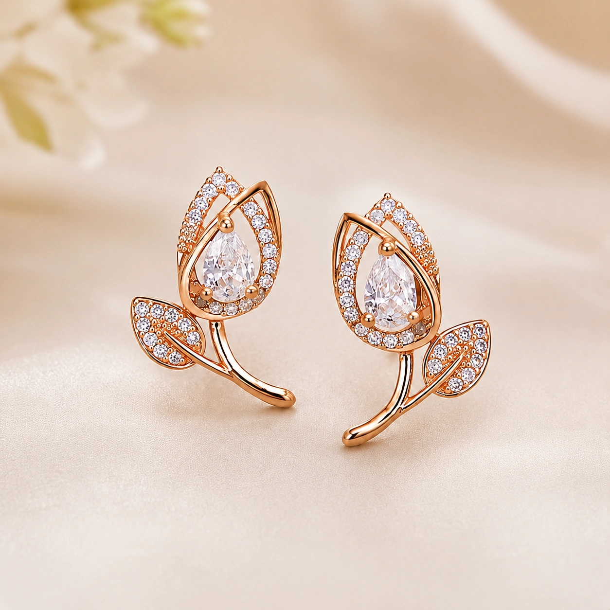 Rose Gold Clear Tulip Crystal Stud Earrings