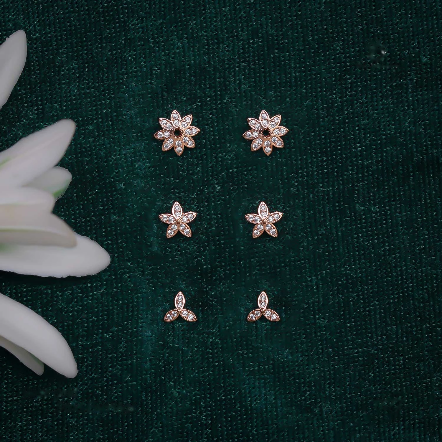 Rose Gold Crystal Botanical Stud Earring Set
