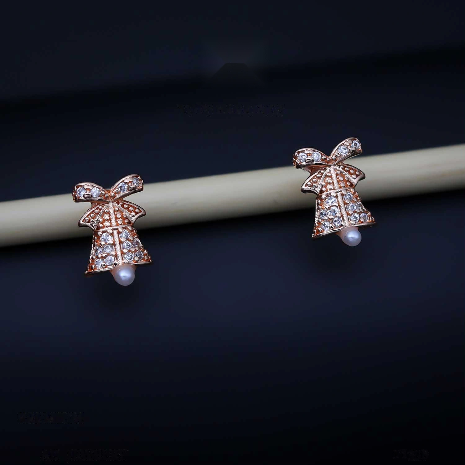Rose Gold Crystal Bow Bell Pearl Drop Stud Earrings