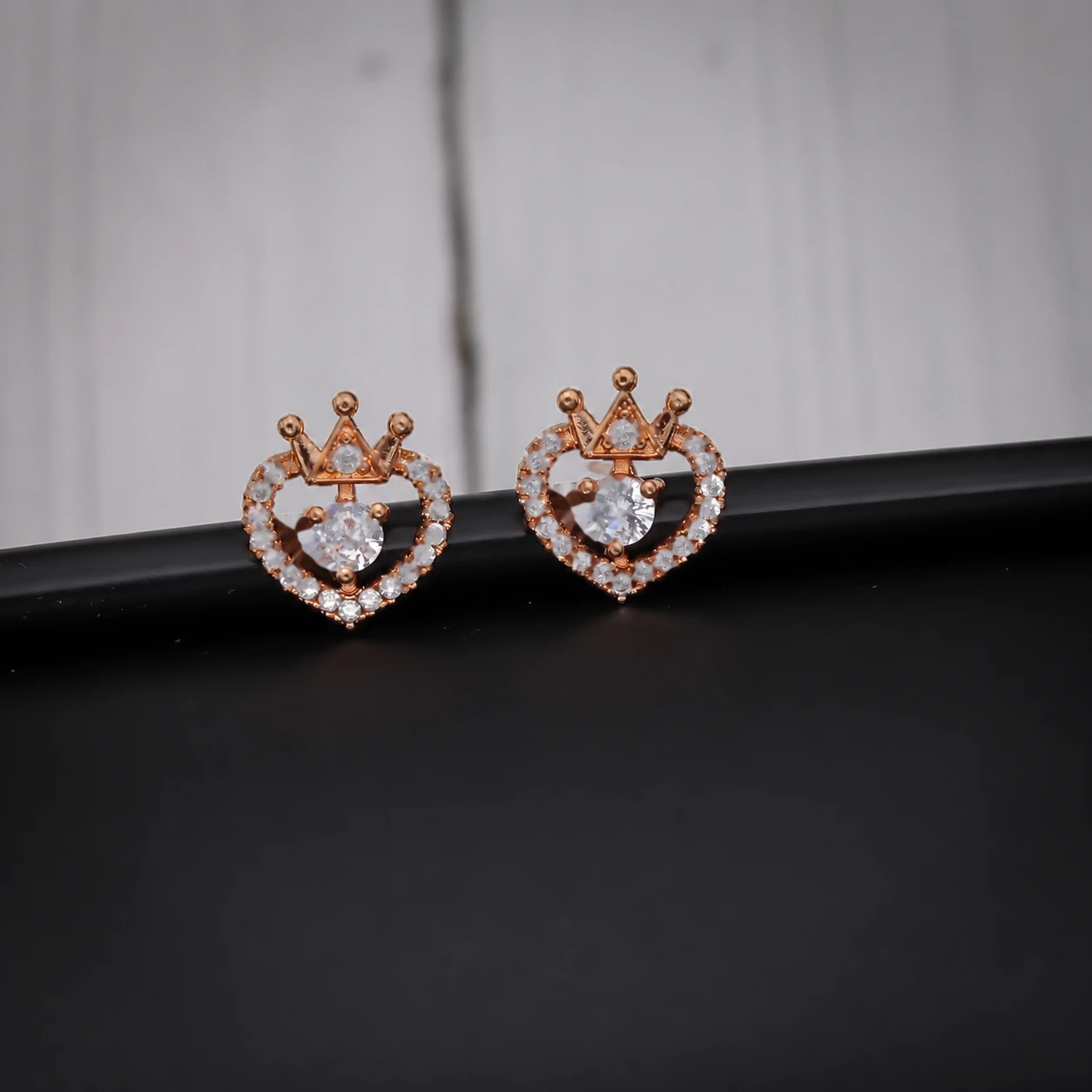 Rose Gold Crystal Crown Heart Stud Earrings