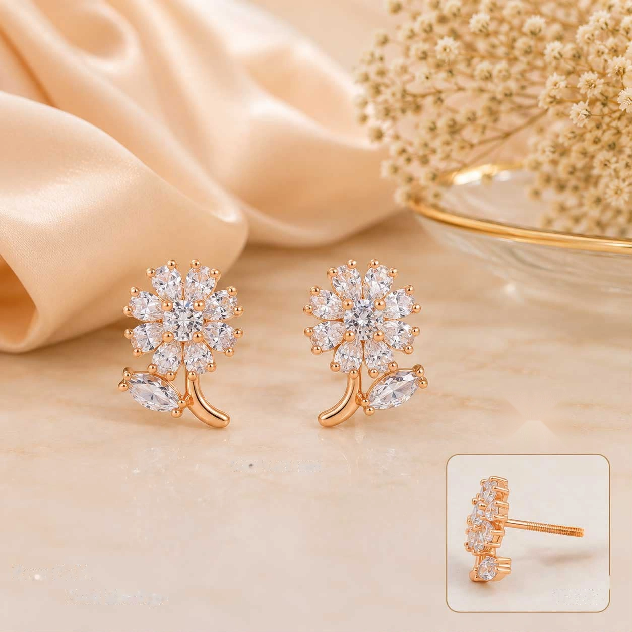 Rose Gold Crystal Daisy Leaf Stud Earrings