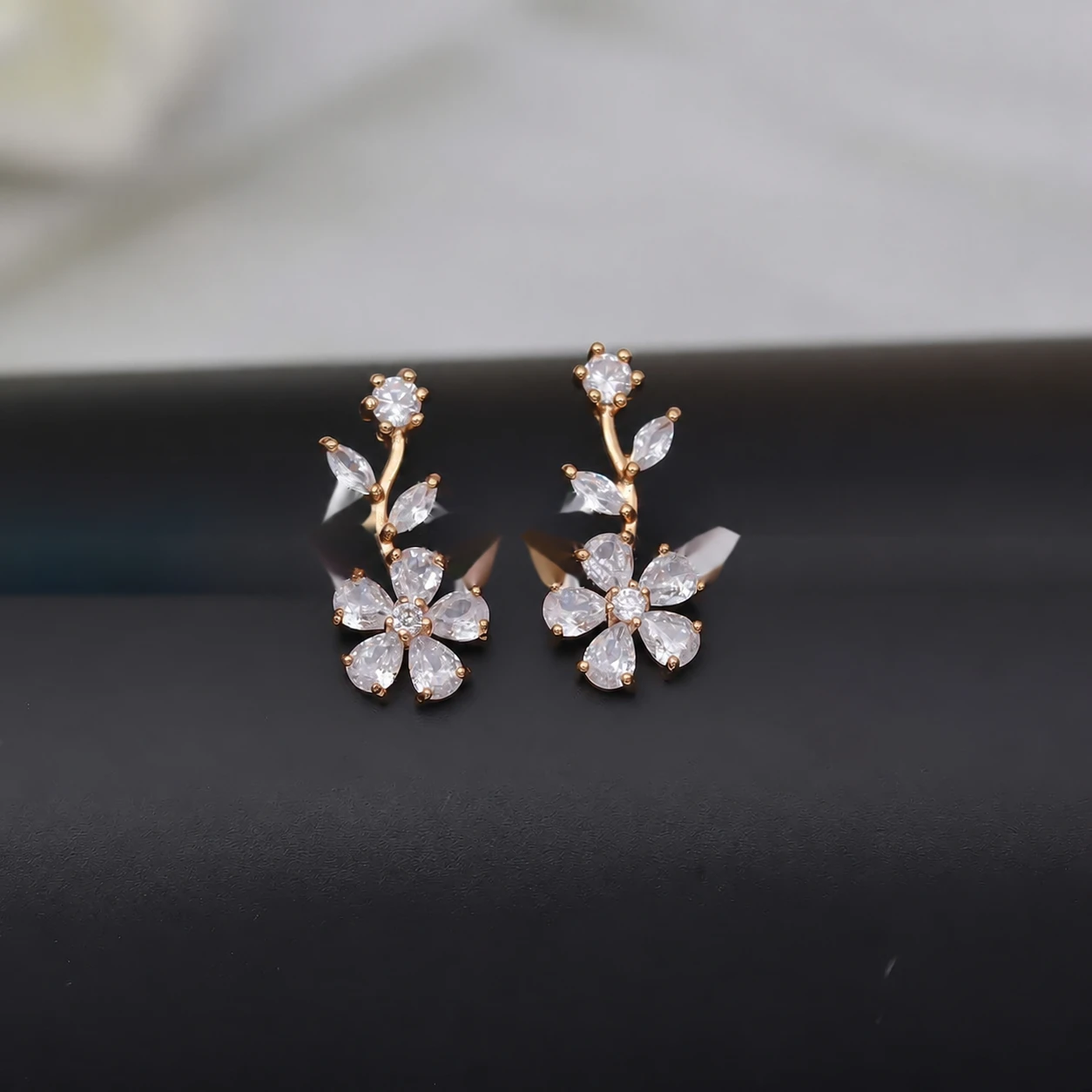 Rose Gold Crystal Floral Vine Drop Stud Earrings