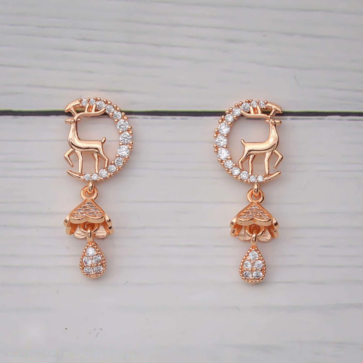 Rose Gold Crystal Reindeer Flower Drop Earrings
