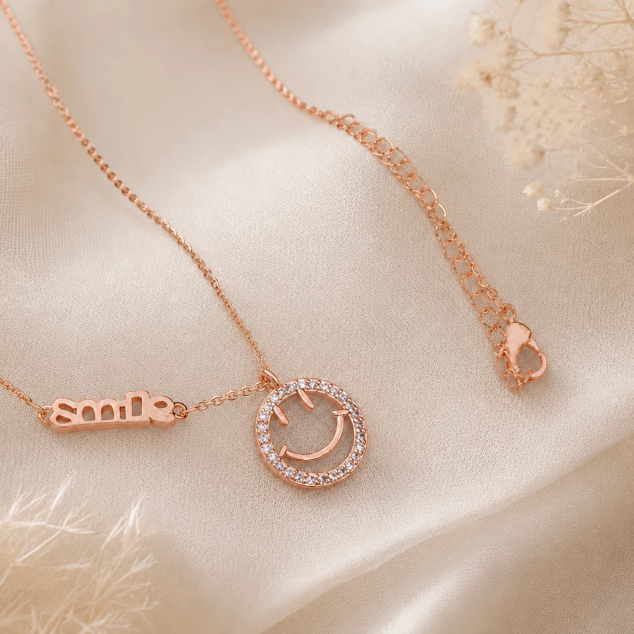 Rose Gold Crystal Smiley Pendant Necklace