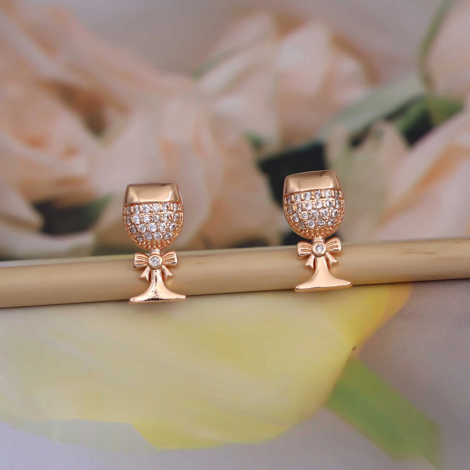 Rose gold crystal wine glass stud earrings with bows