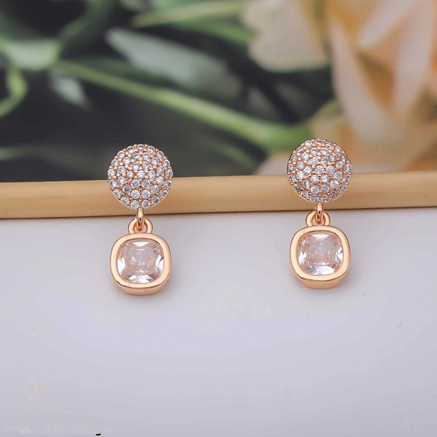 Rose Gold Cushion Crystal Drop Stud Earrings