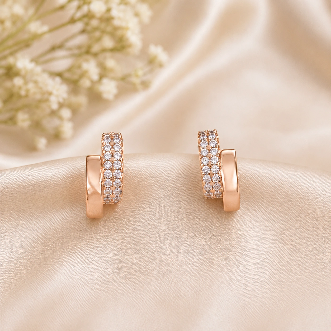 Rose gold double band crystal huggie hoop earrings