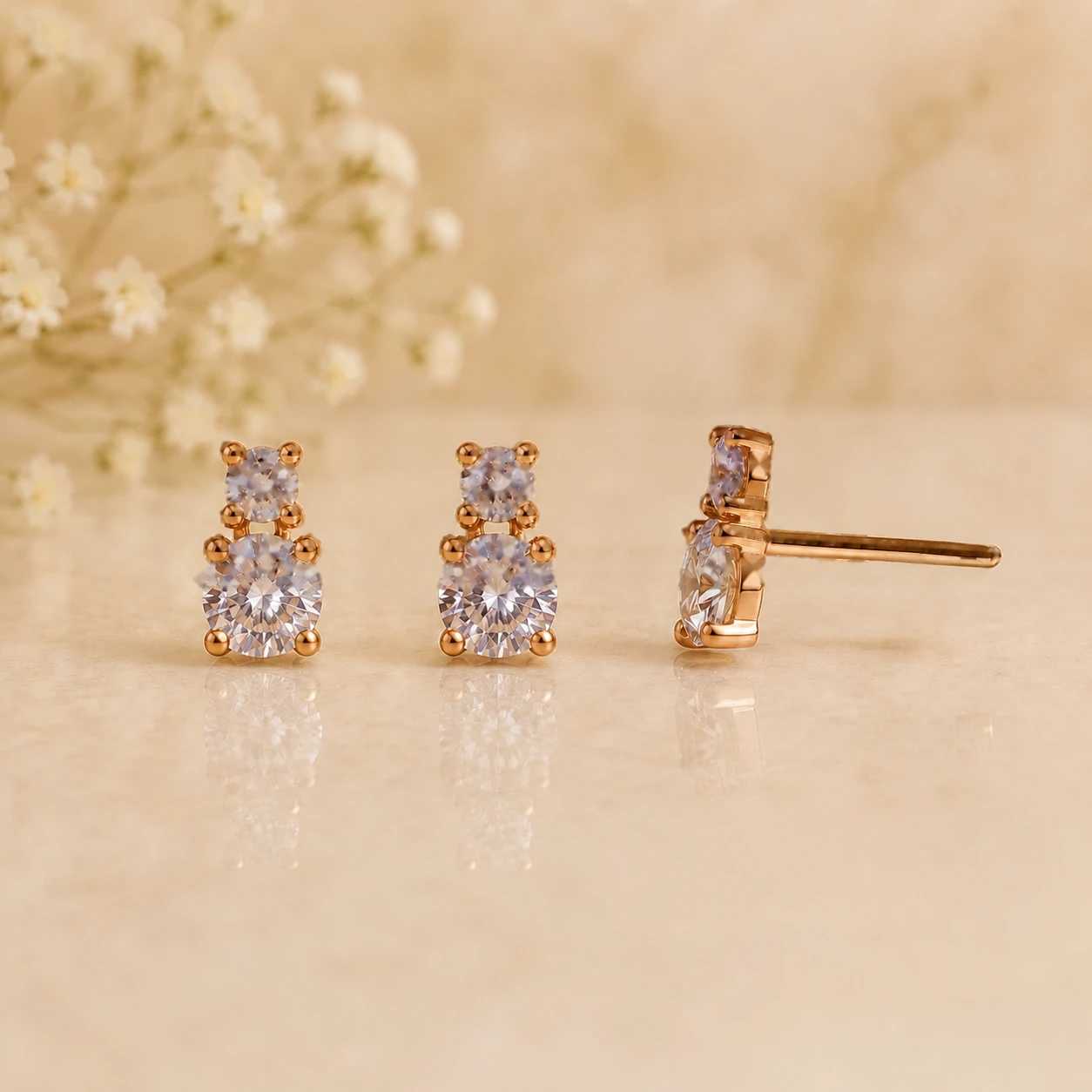 Rose Gold Double Solitaire Drop Stud Earrings