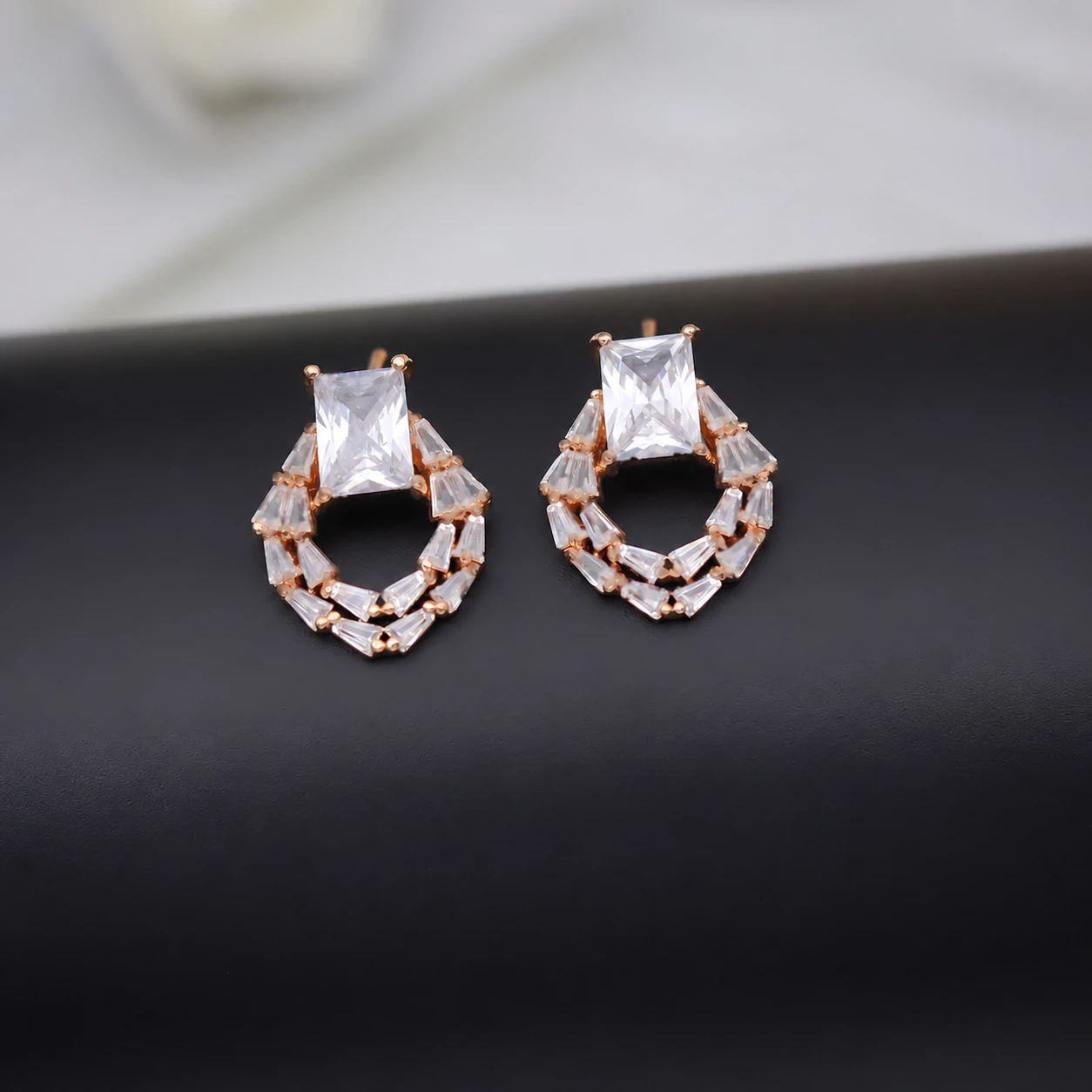 Rose Gold Emerald Cut Baguette Halo Stud Earrings