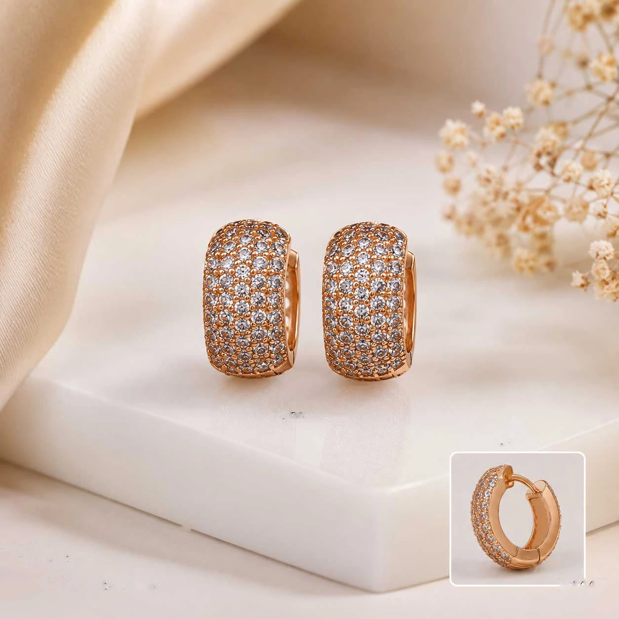 Rose gold full pave wide crystal huggie hoop earrings