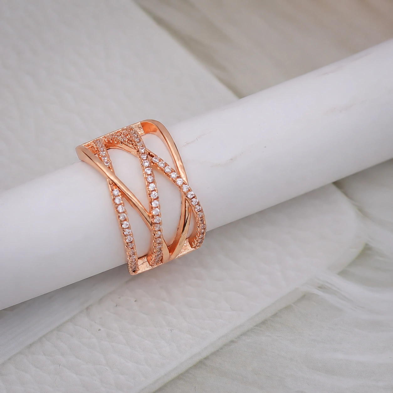 Rose Gold Interwoven Crystal Statement Ring
