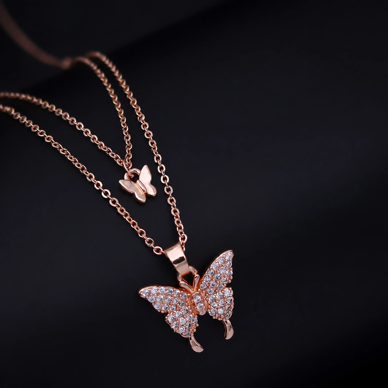 Rose Gold Layered Butterfly Pendant Necklace