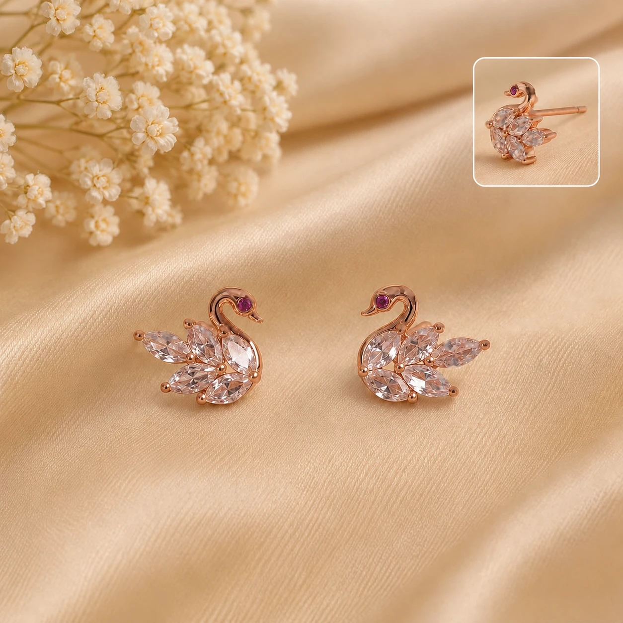 Rose Gold Marquise Crystal Swan Stud Earrings