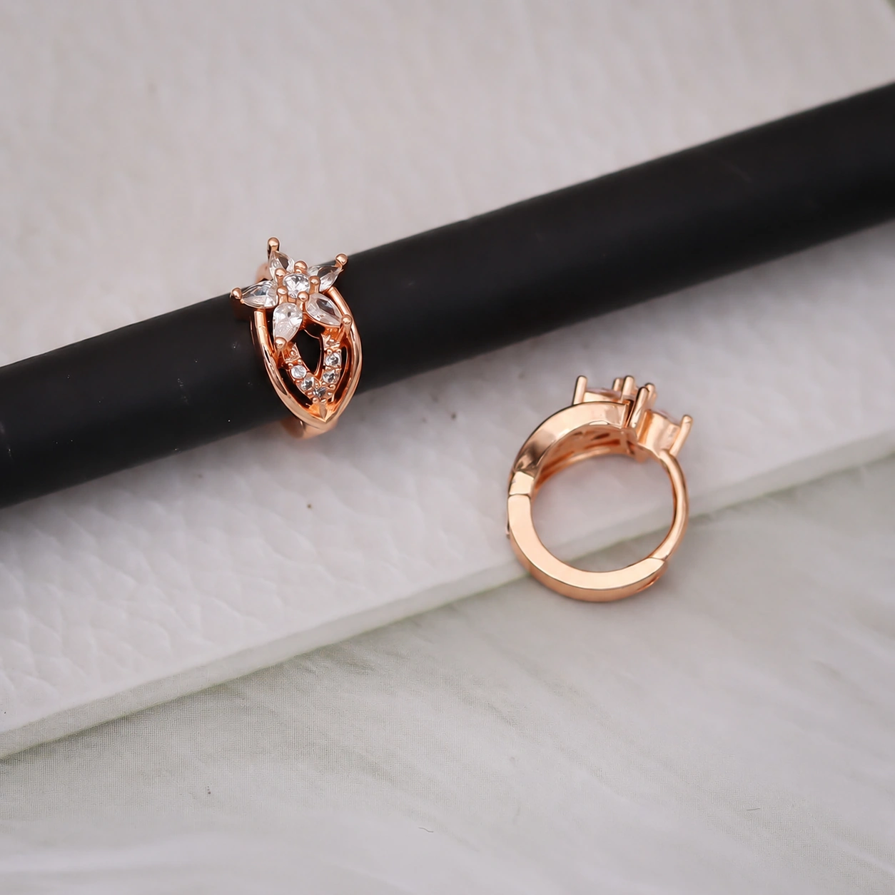 Rose gold marquise flower crystal huggie hoop earrings