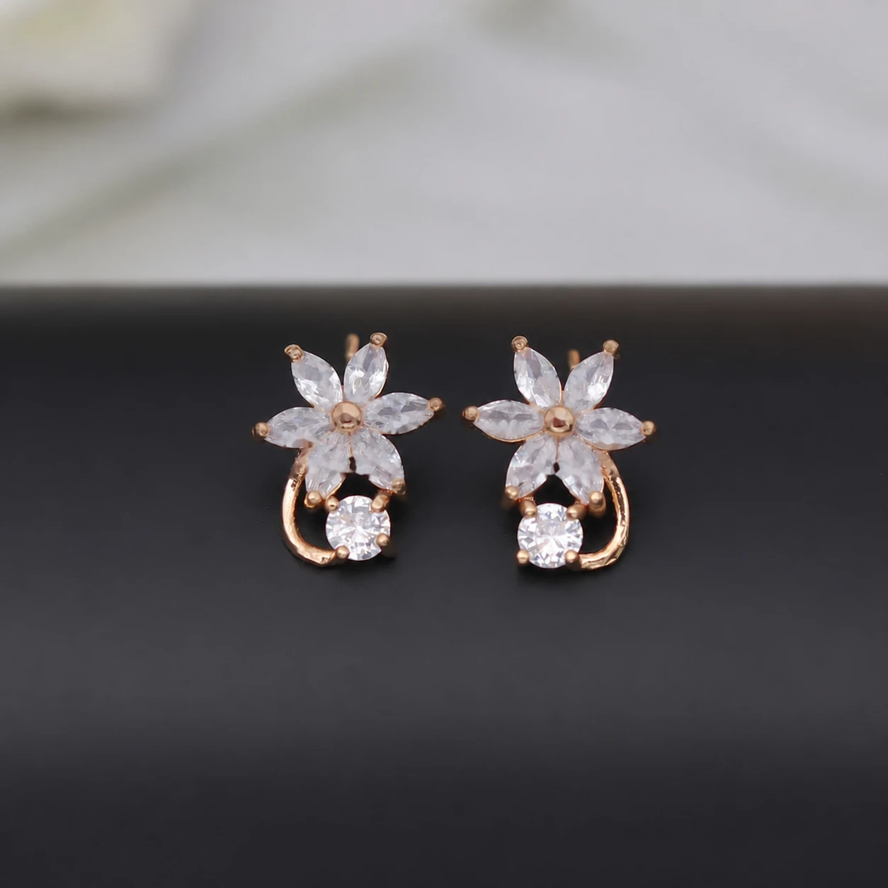 Rose Gold Marquise Flower Solitaire Stud Earrings