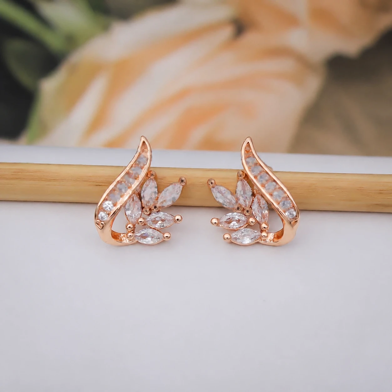 Rose Gold Marquise Leaf Sweep Stud Earrings