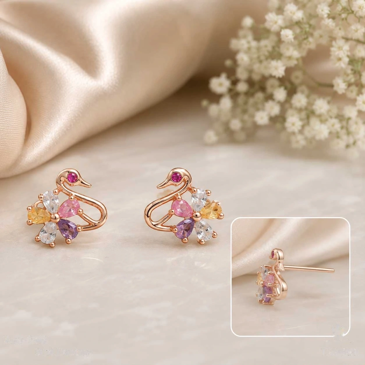 Rose Gold Multicolour Swan Crystal Studs