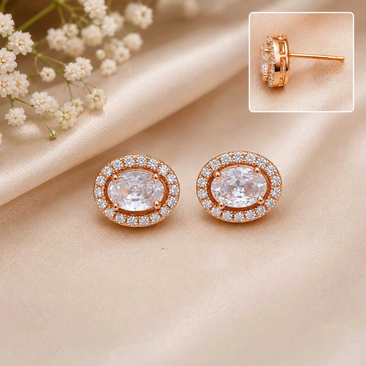 Rose Gold Oval Solitaire Halo Stud Earrings