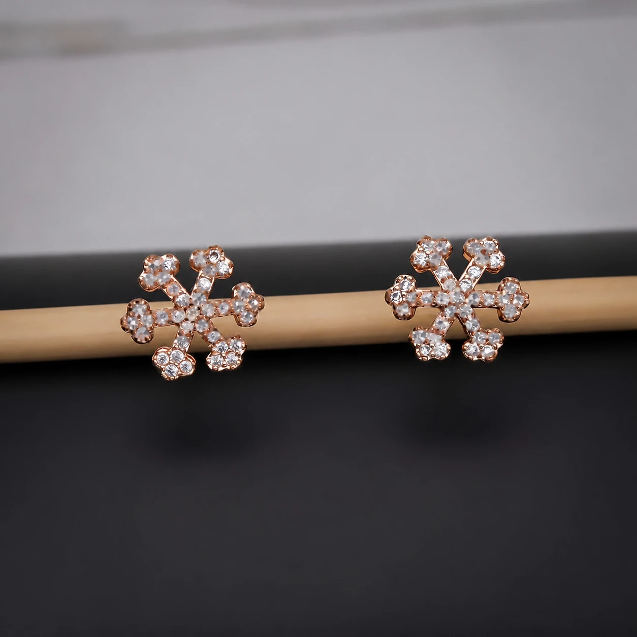 Rose Gold Pave Six Point Snowflake Stud Earrings