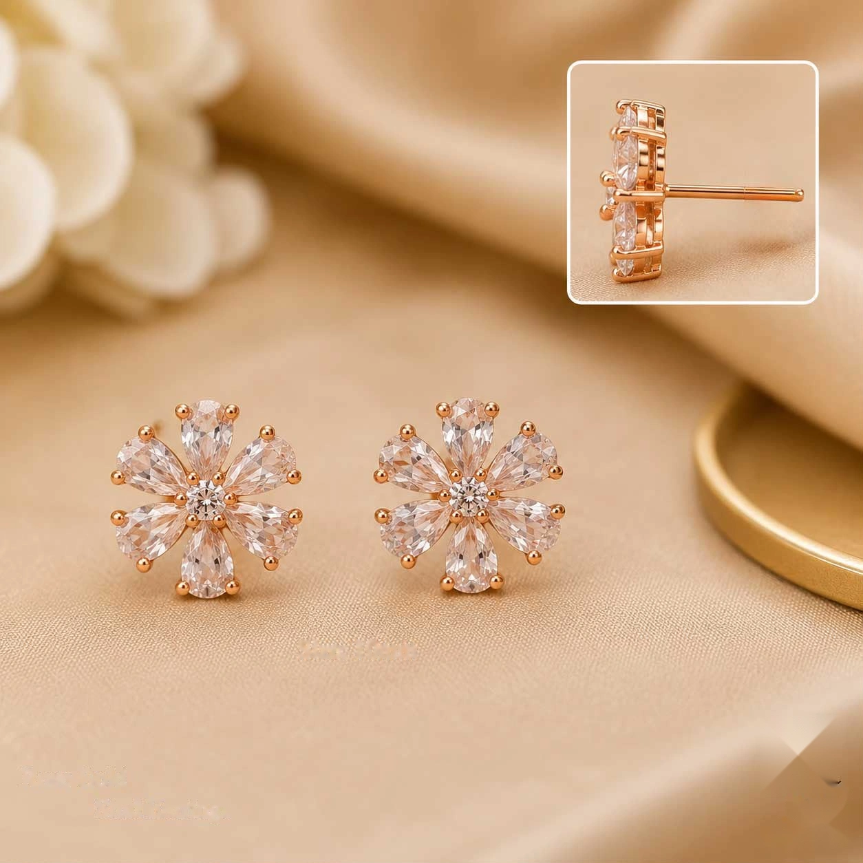 Rose Gold Pear Cut Crystal Flower Stud Earrings