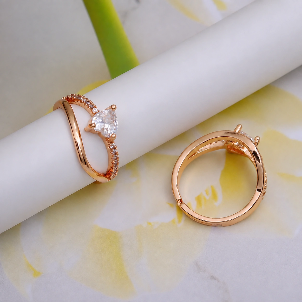 Rose Gold Pear Solitaire Crossover Ring