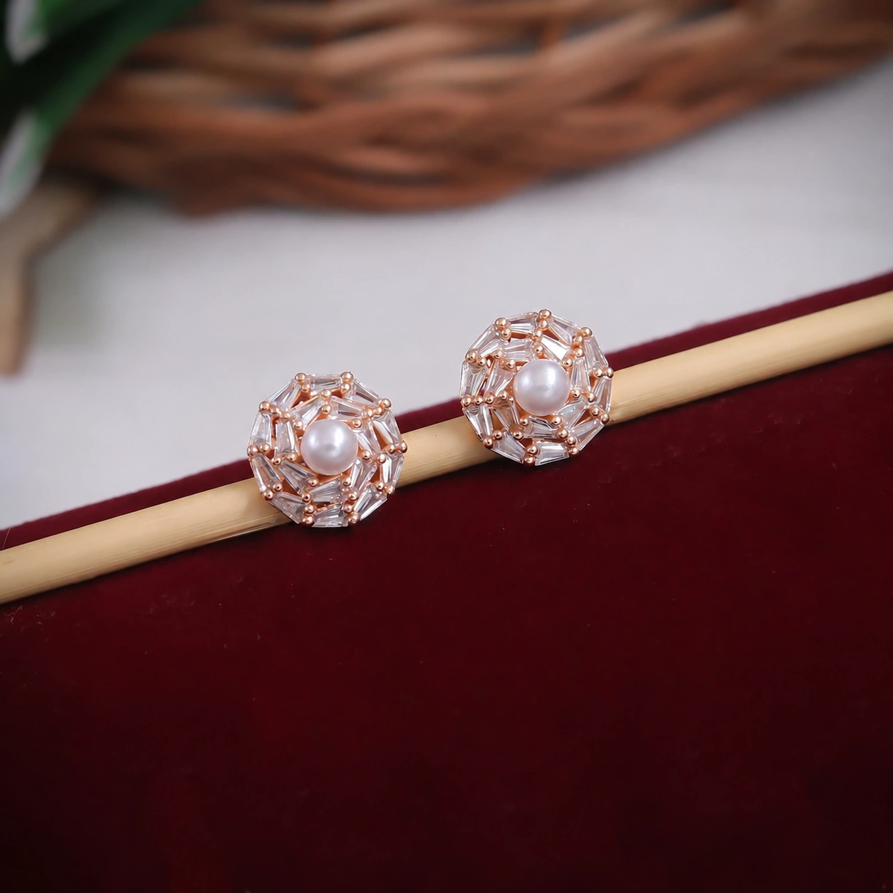 Rose gold pearl baguette crystal halo stud earrings