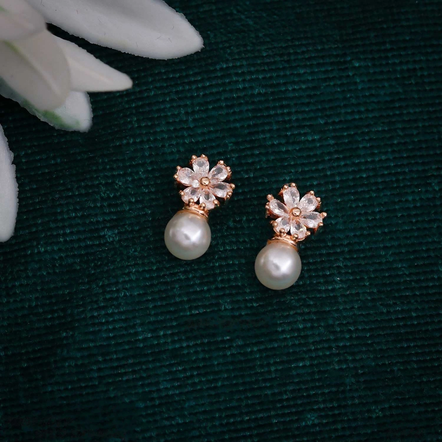 Rose Gold Pearl Marquise Flower Drop Earrings