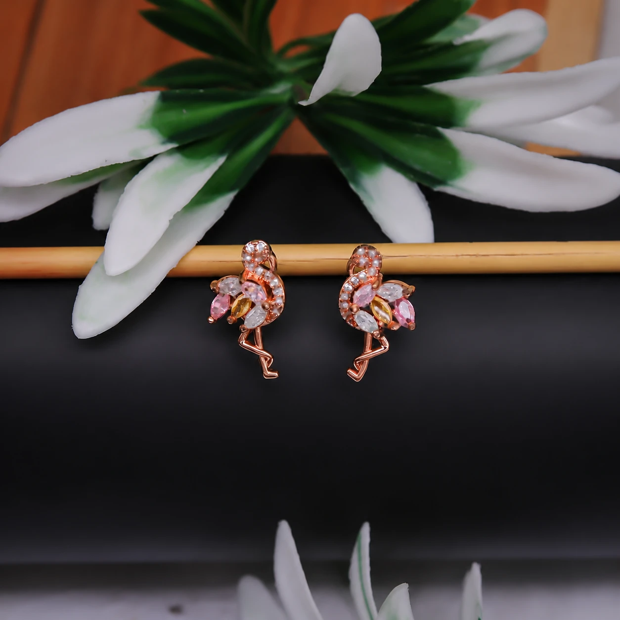 Rose Gold Pink Crystal Flamingo Stud Earrings