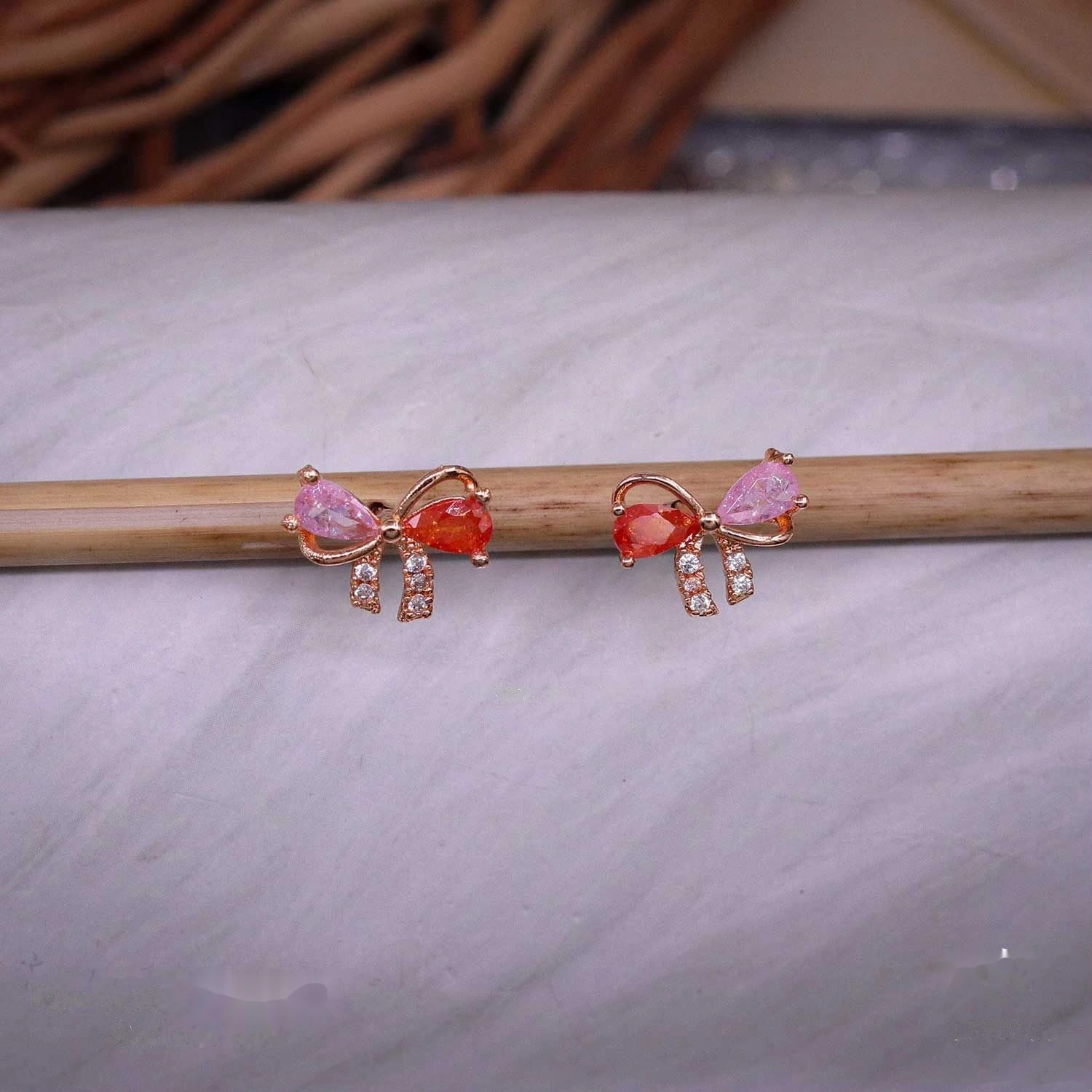 Rose Gold Pink Red Crystal Bow Studs