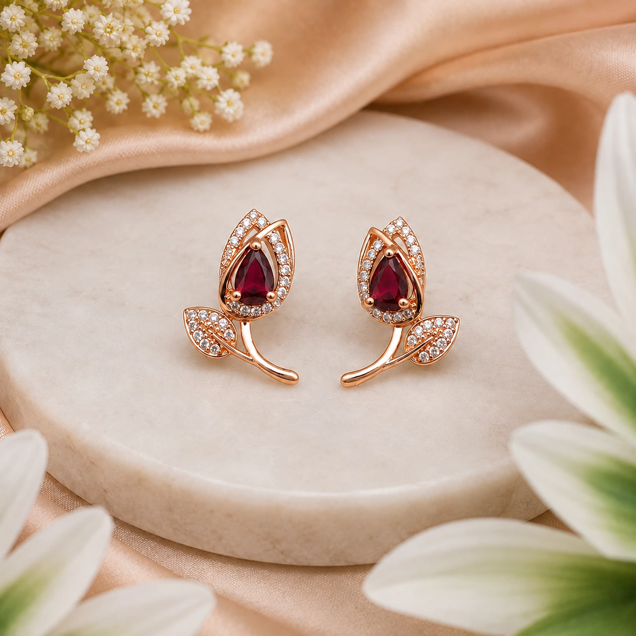 Rose gold ruby red tulip crystal stud earrings