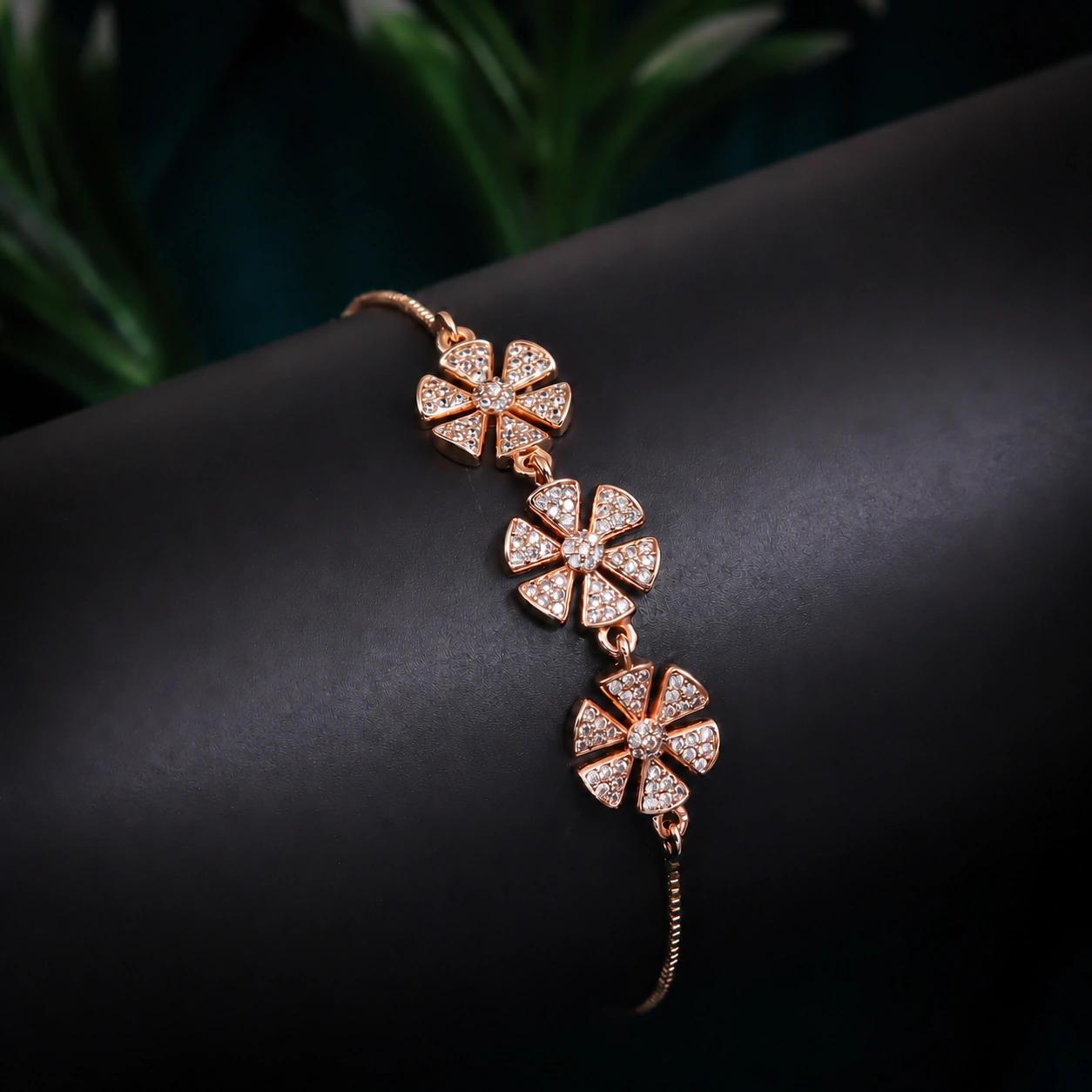 Rose Gold Triple Flower Crystal Bracelet