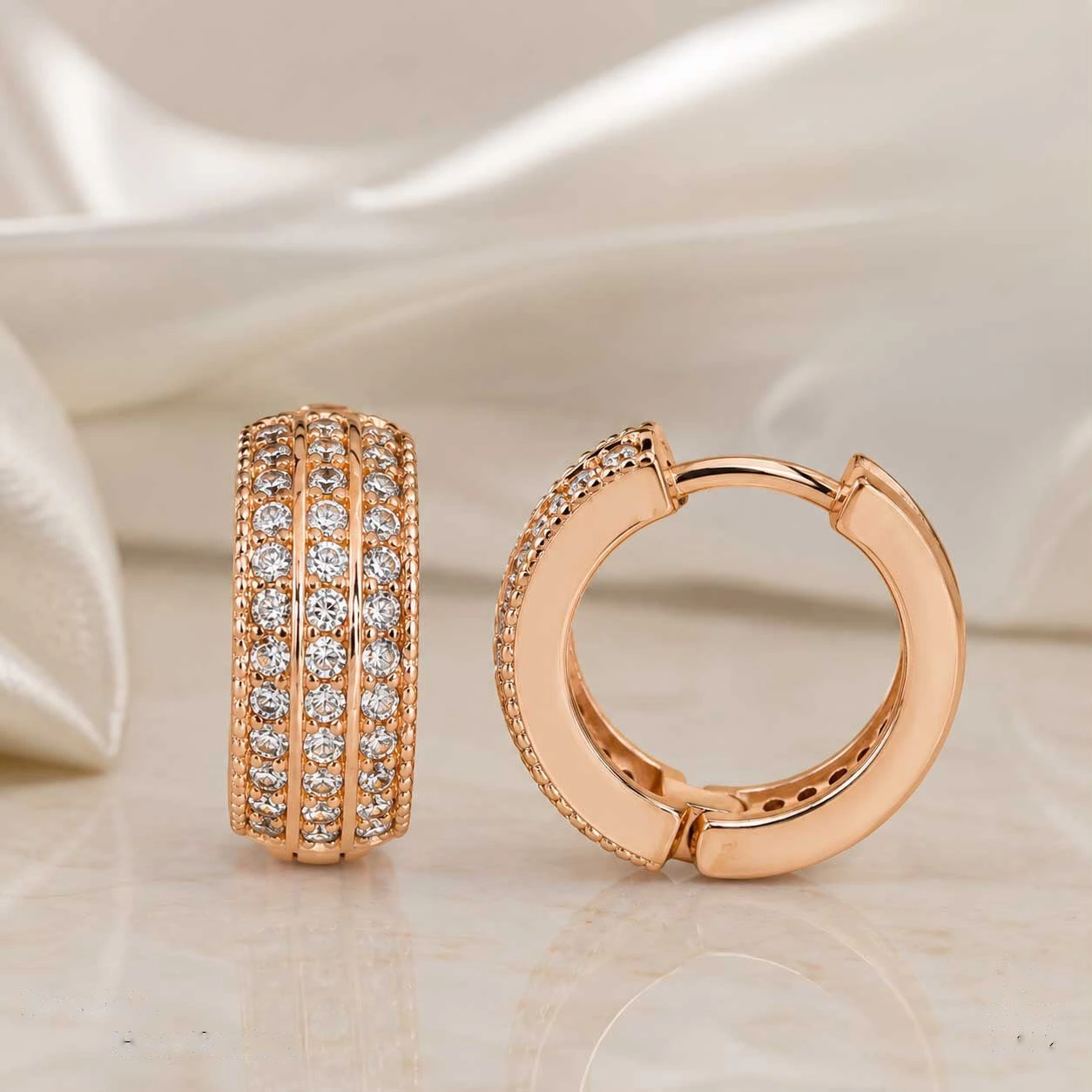 Rose Gold Triple Row Crystal Hoop Earrings