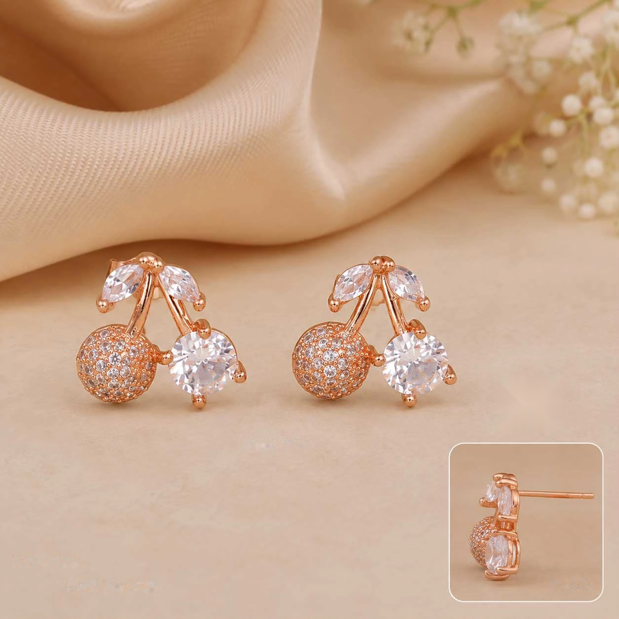 Rose Gold Twin Cherry Crystal Stud Earrings