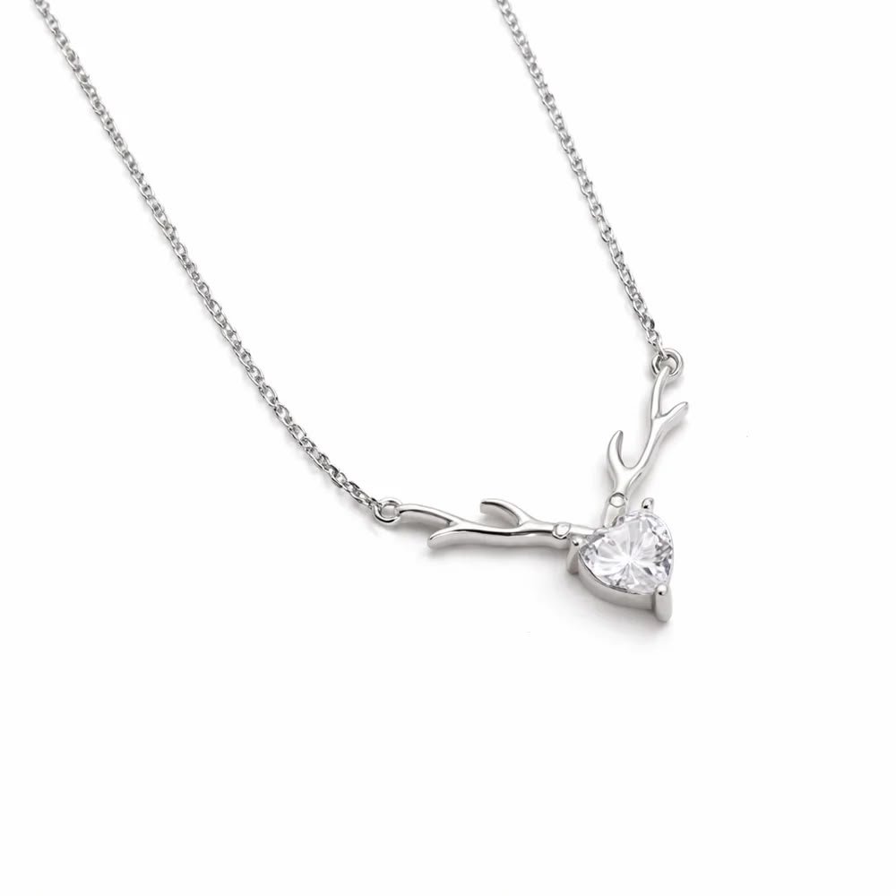 Silver Antler Heart Crystal Necklace
