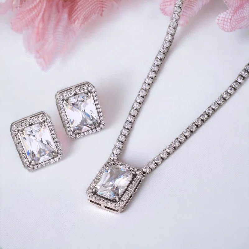 Silver Clear Rectangle Jewellery Set