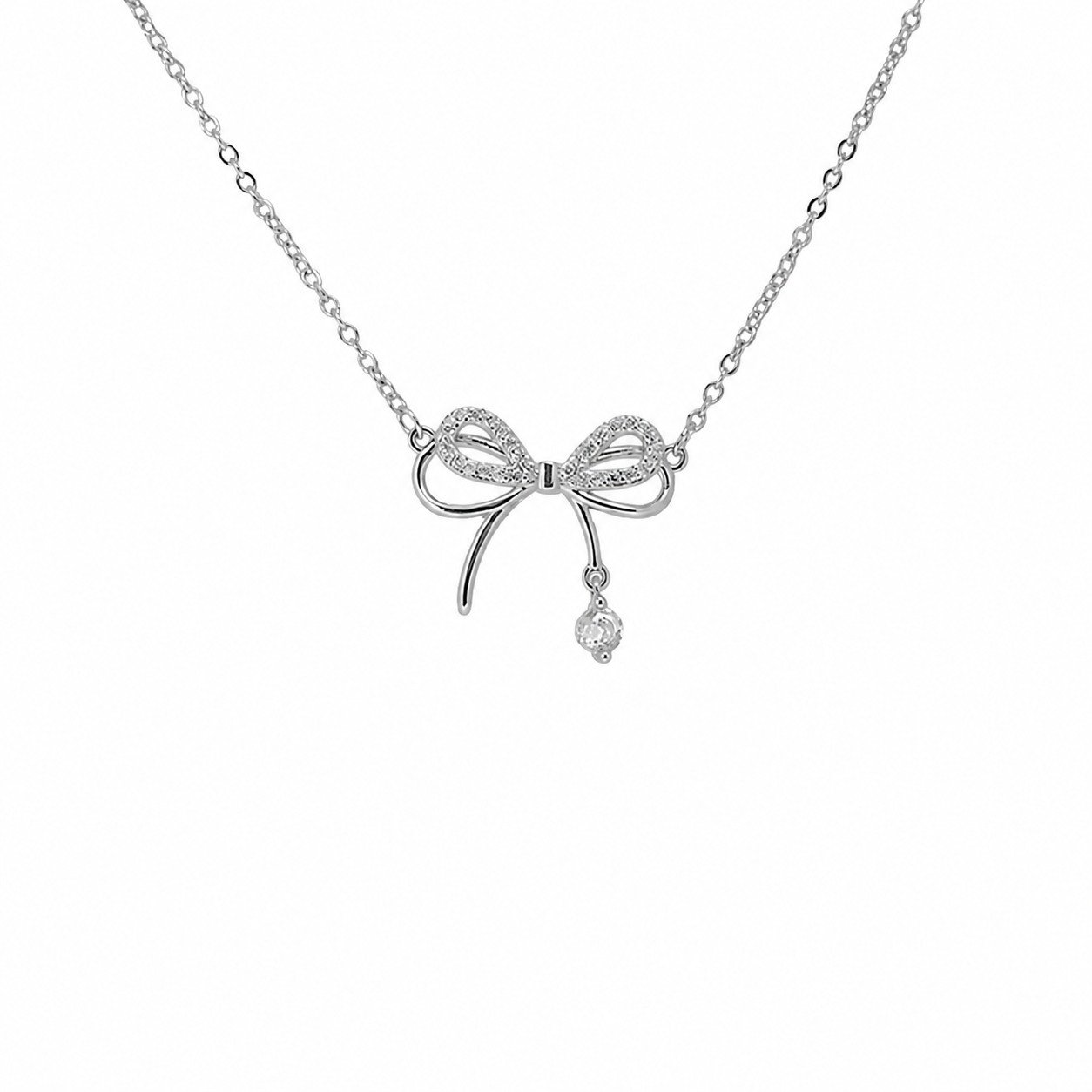 Silver Crystal Bow Pendant Necklace
