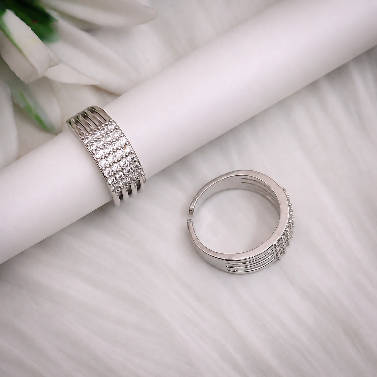 Silver Five Row Pave Adjustable Ring