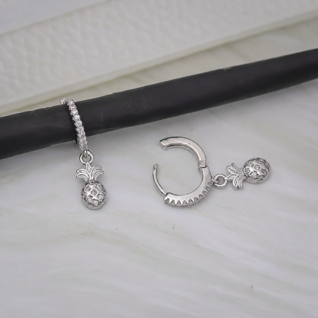 Silver Pineapple Charm Huggie Hoops