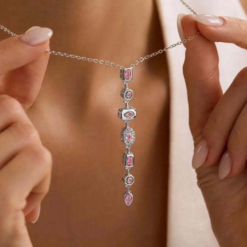 Silver Pink Spectrum Drop Necklace