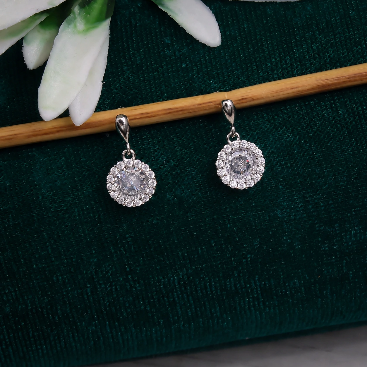 Silver round halo crystal drop earrings