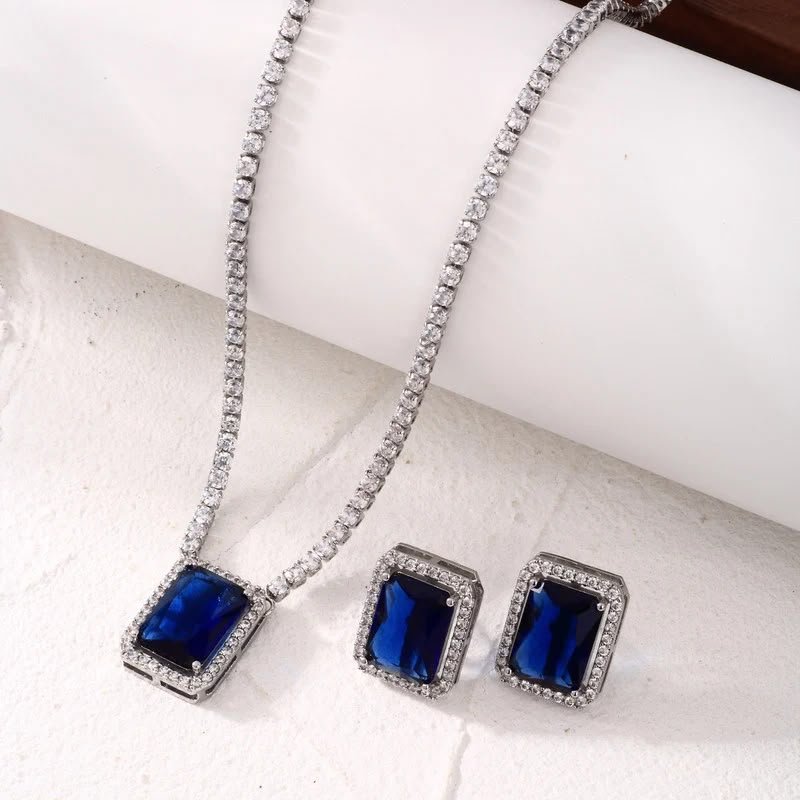 Silver Sapphire Rectangle Jewellery Set
