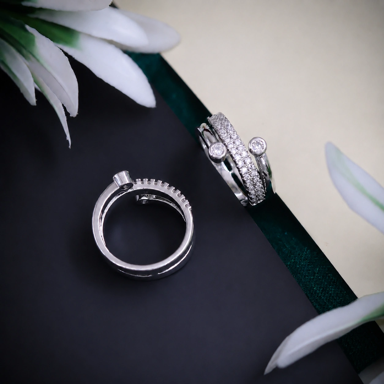 Silver Triple Band Open Crystal Ring